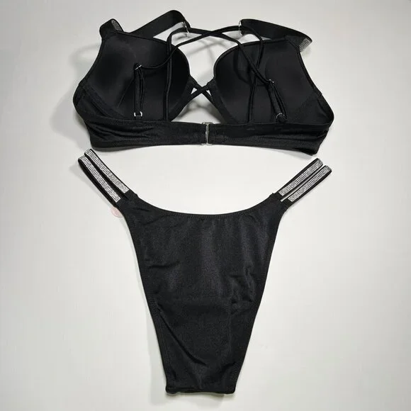 Victoria Secret 38C L Bombshell Push Up Bikini Top Set Glam Shine Strap Black